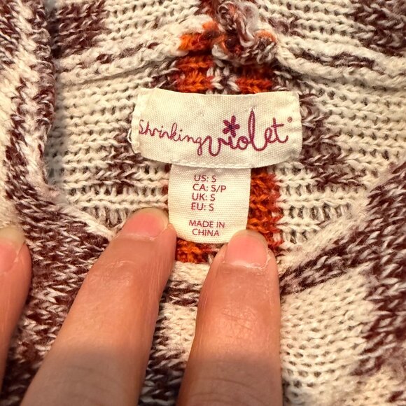 Shrinking Violet Hooded Poncho Knit Sweater Fringe Hem Geometric Size S - Picture 2 of 7